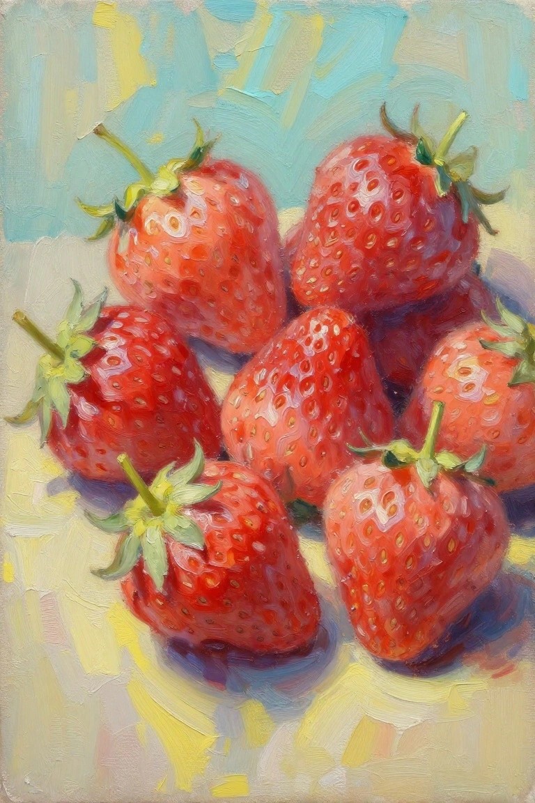 An oil painting shows several red strawberries with green tops clustered on a light surface with blue and yellow background tones.