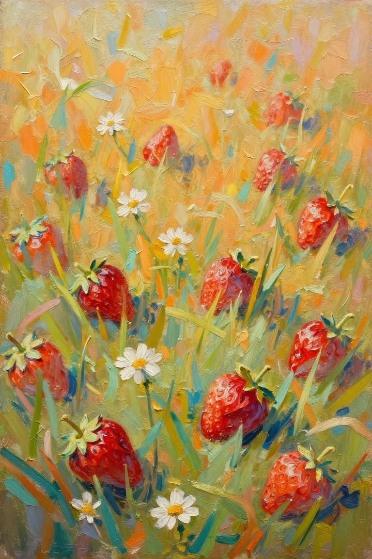 Vibrant painting of ripe red strawberries and white daisies in a sunny field