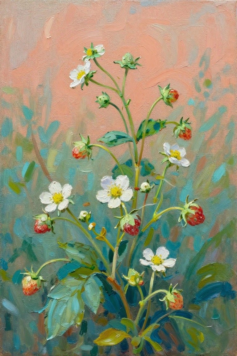 Painting of strawberry plants with white flowers, green leaves, and ripe red berries
