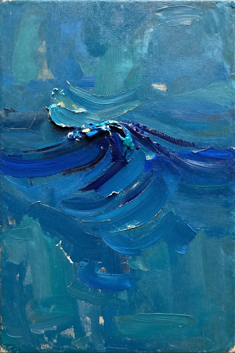 An abstract oil painting of swirling blue and teal brushstrokes with thick textured layers and small yellow highlights.
