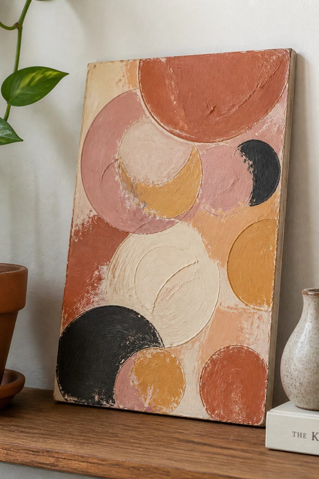 Abstract painting with overlapping circles in earthy tones on wooden shelf