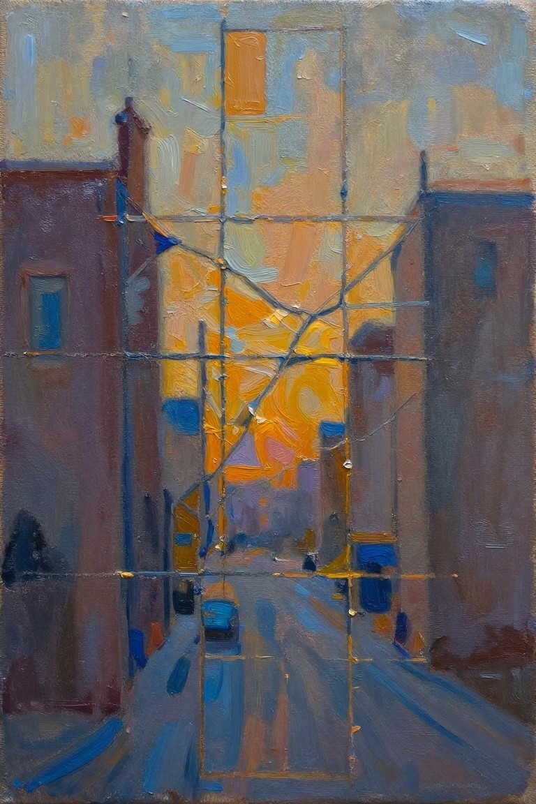 Abstract painting of city street at sunset with orange sky, buildings, and grid lines.