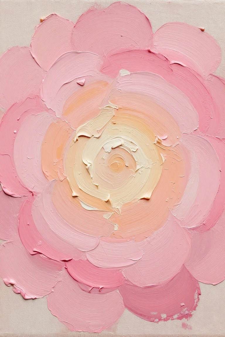 Thick pink impasto flower petals with swirling cream and peach center on canvas.