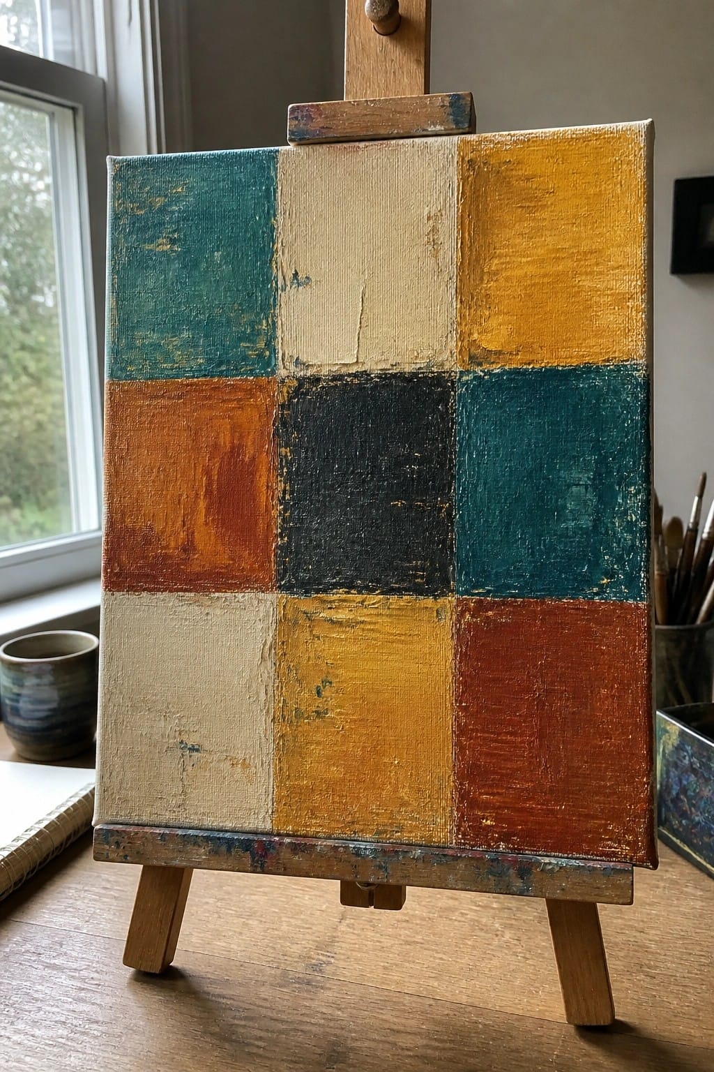 A canvas on a wooden easel shows a 3x3 grid of painted squares in teal, beige, yellow, orange, black, and red.