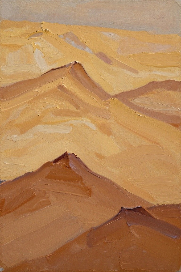 Textured oil painting of rolling hills in warm ochre and brown tones