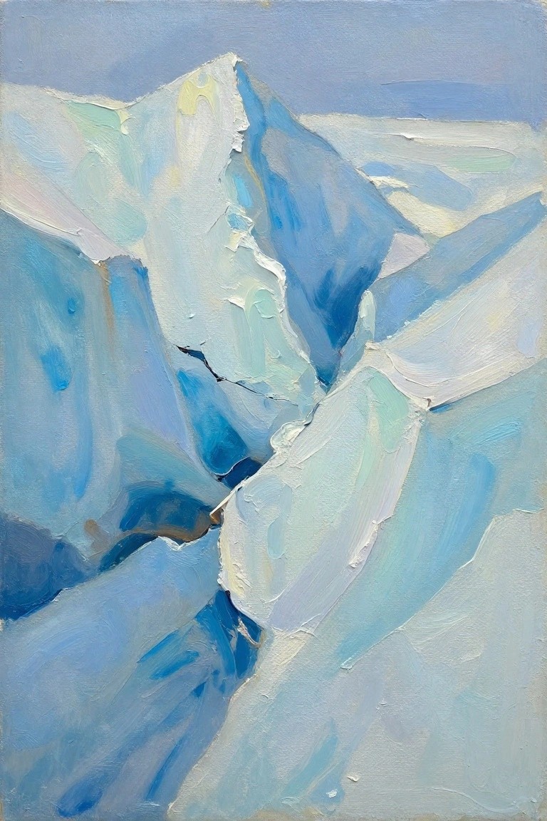Impasto painting of jagged blue-white glacial peaks under a pale sky.