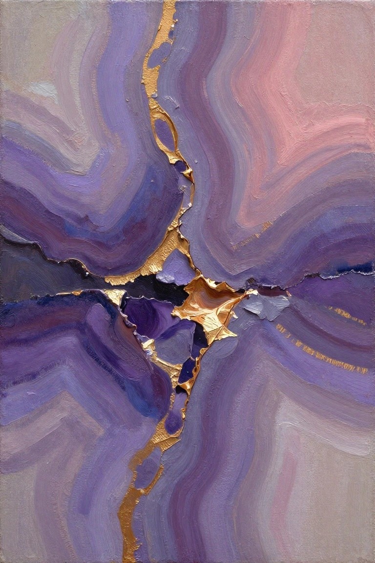 Abstract painting of swirling purples and pinks with gold leaf cracks