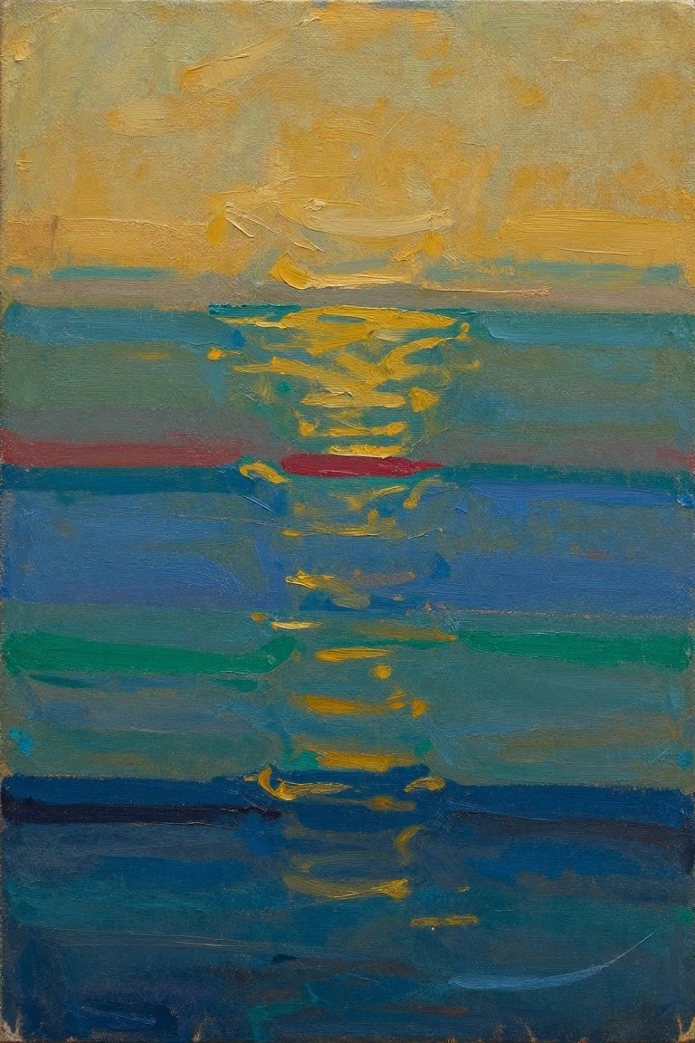 Abstract painting of sunset with yellow reflections on horizontal blue-green stripes.