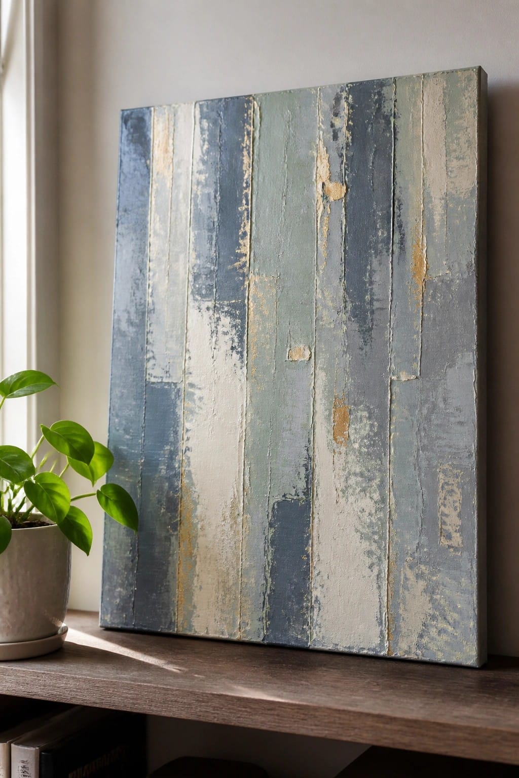 Abstract painting with blue and green vertical stripes beside a potted plant on a shelf.