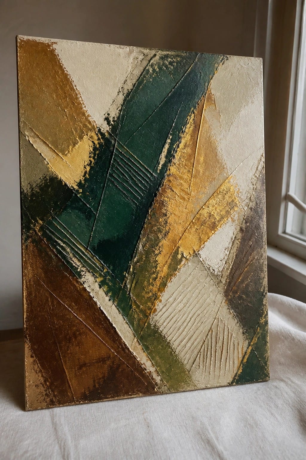 Abstract textured painting with gold, teal, brown, and cream geometric forms on canvas