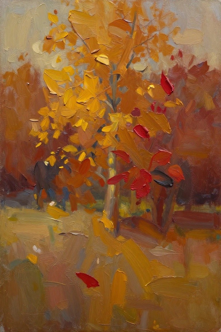 Thickly textured oil painting of autumn tree with yellow and red leaves.