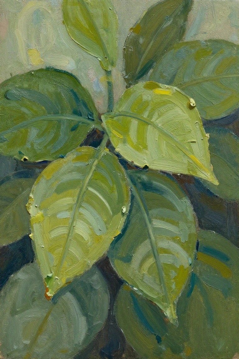 Thickly painted green leaves with yellow highlights and visible brushstrokes.