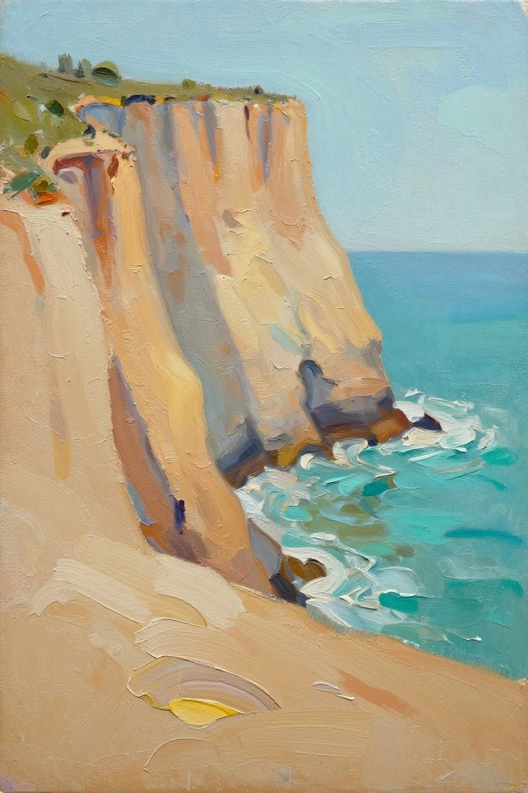 An oil painting of tall beige cliffs overlooking a turquoise ocean with white waves crashing at the base and a small figure on the shore.