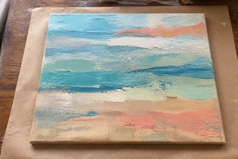 20 Beautiful Palette Knife Abstract Oil Paintings for Dramatic Texture Abstract seascape painting with blue teal waves and orange tones on brown paper.
