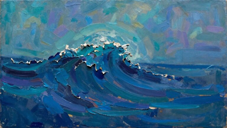 20 Beautiful Palette Knife Abstract Oil Paintings for Dramatic Texture An abstract oil painting of swirling blue and teal brushstrokes with thick textured layers and small yellow highlights.