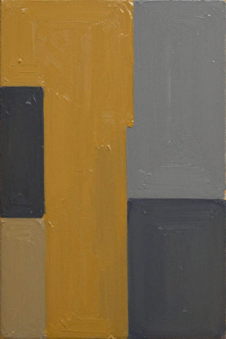 An abstract oil painting composed of rectangular blocks in yellow, gray, dark blue, and beige with visible brush strokes.