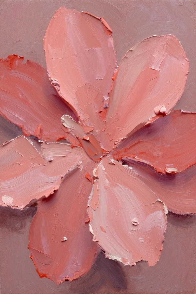 A close-up oil painting of a flower with thick overlapping pink and red petals on a muted background.