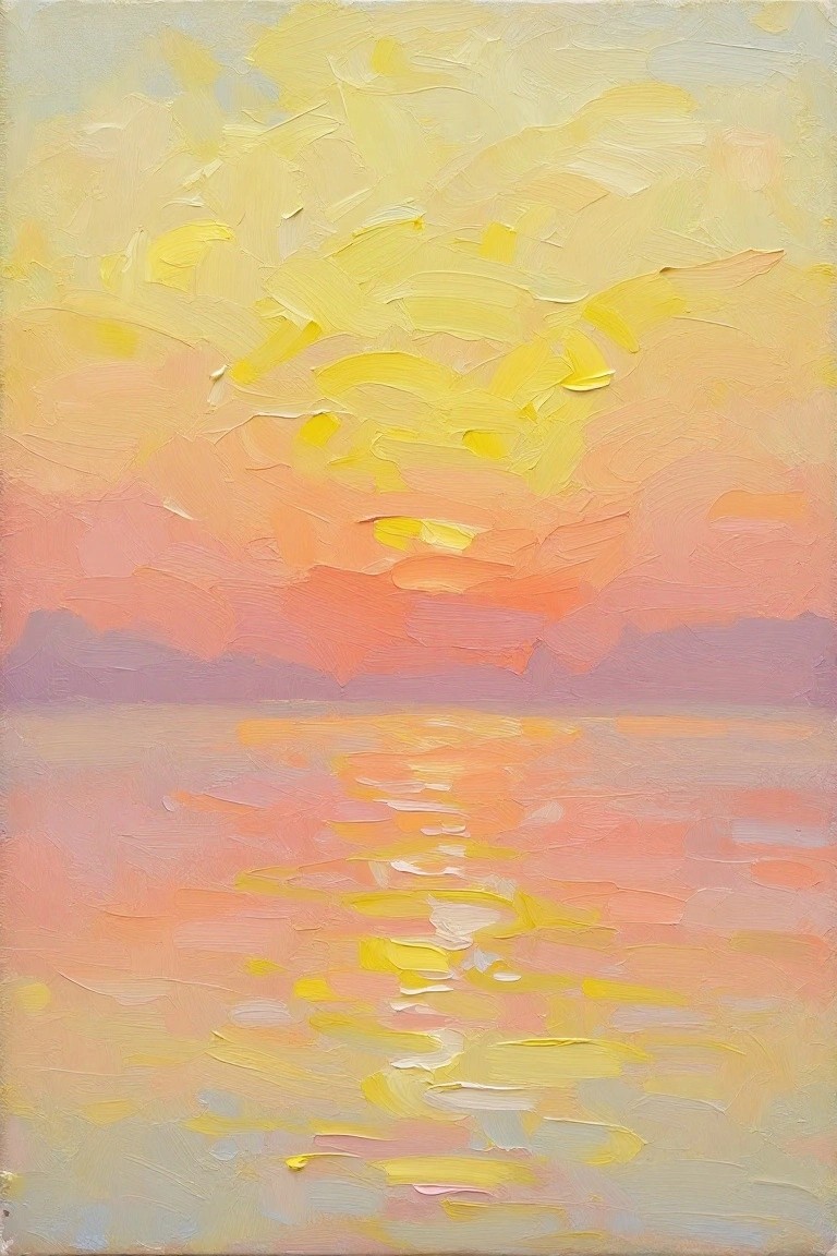 Impressionistic oil painting of vibrant sunset reflecting on calm water
