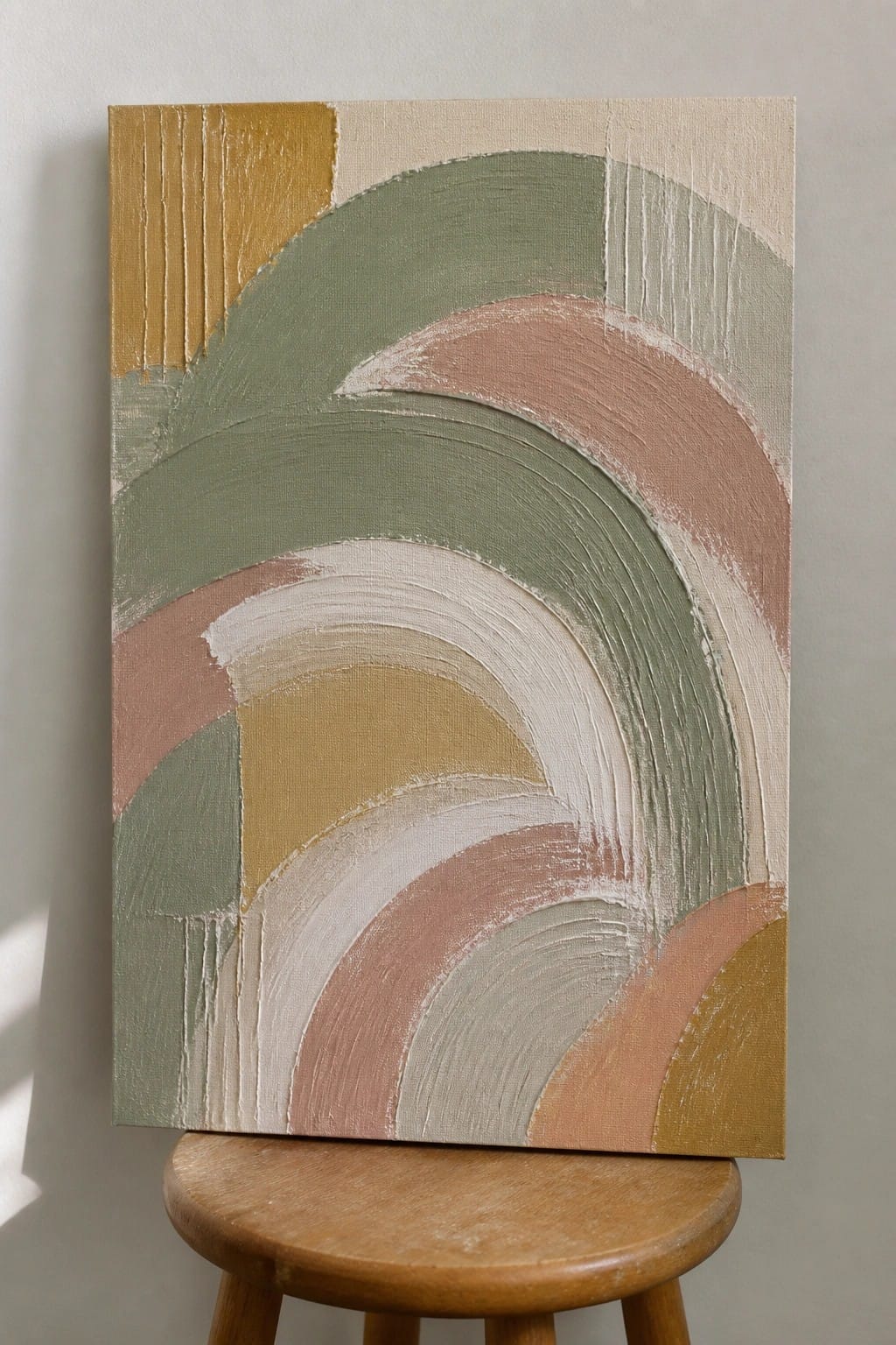 Abstract painting with curved shapes in green, pink, yellow, and beige on wooden stool