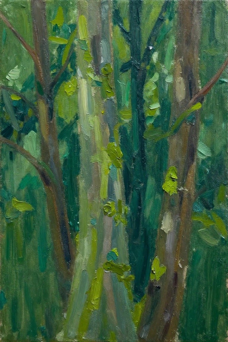 Thickly painted forest with tall brown trunks and vibrant green foliage