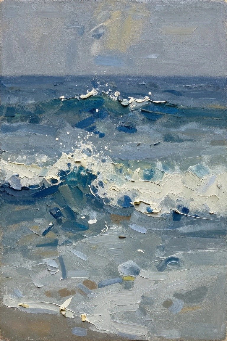Thickly textured painting of blue waves crashing with white foam on gray sea