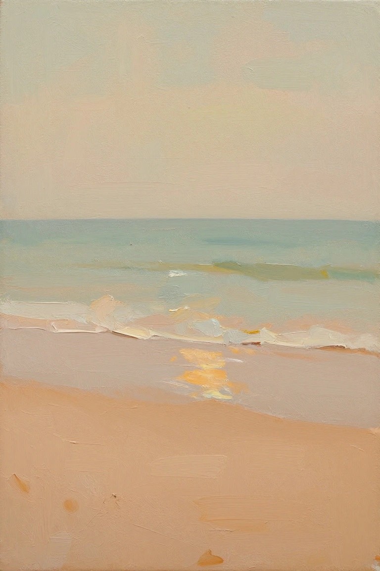 An oil painting of a beach with light brown sand, soft waves, and a pale sky showing a small yellow reflection on the shore.