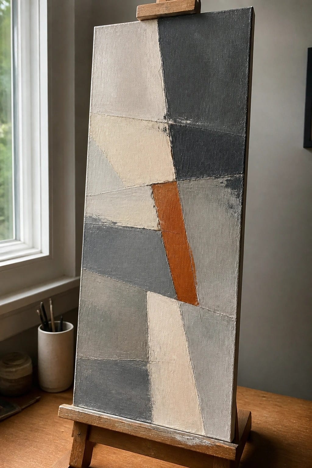Abstract geometric painting in beige, gray, and orange on wooden easel in studio