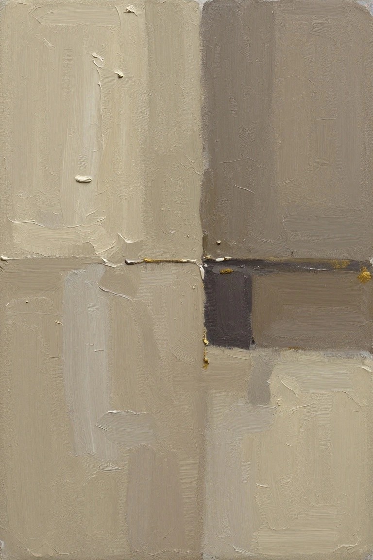 Abstract painting of beige and gray geometric blocks with gold accents and thick brushstrokes.