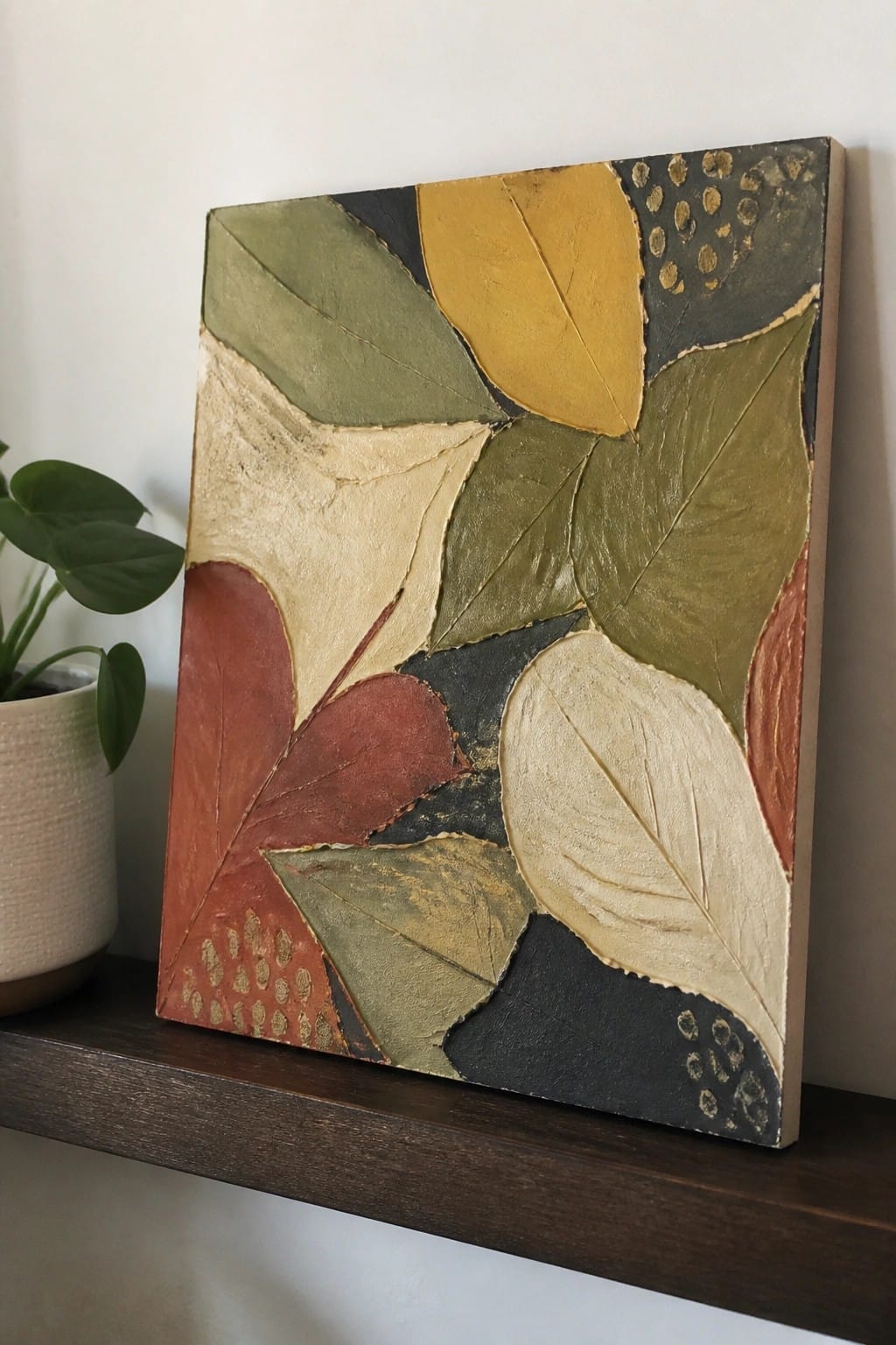 Abstract oil painting with overlapping leaf shapes in green, yellow, red, and beige tones on a canvas resting on a wooden shelf beside a potted plant.