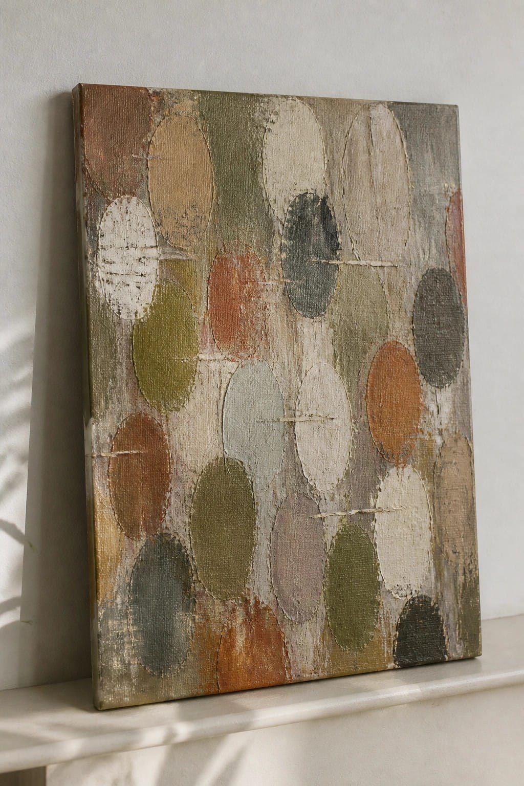 Abstract painting with textured ovals in earthy tones on canvas against wall.