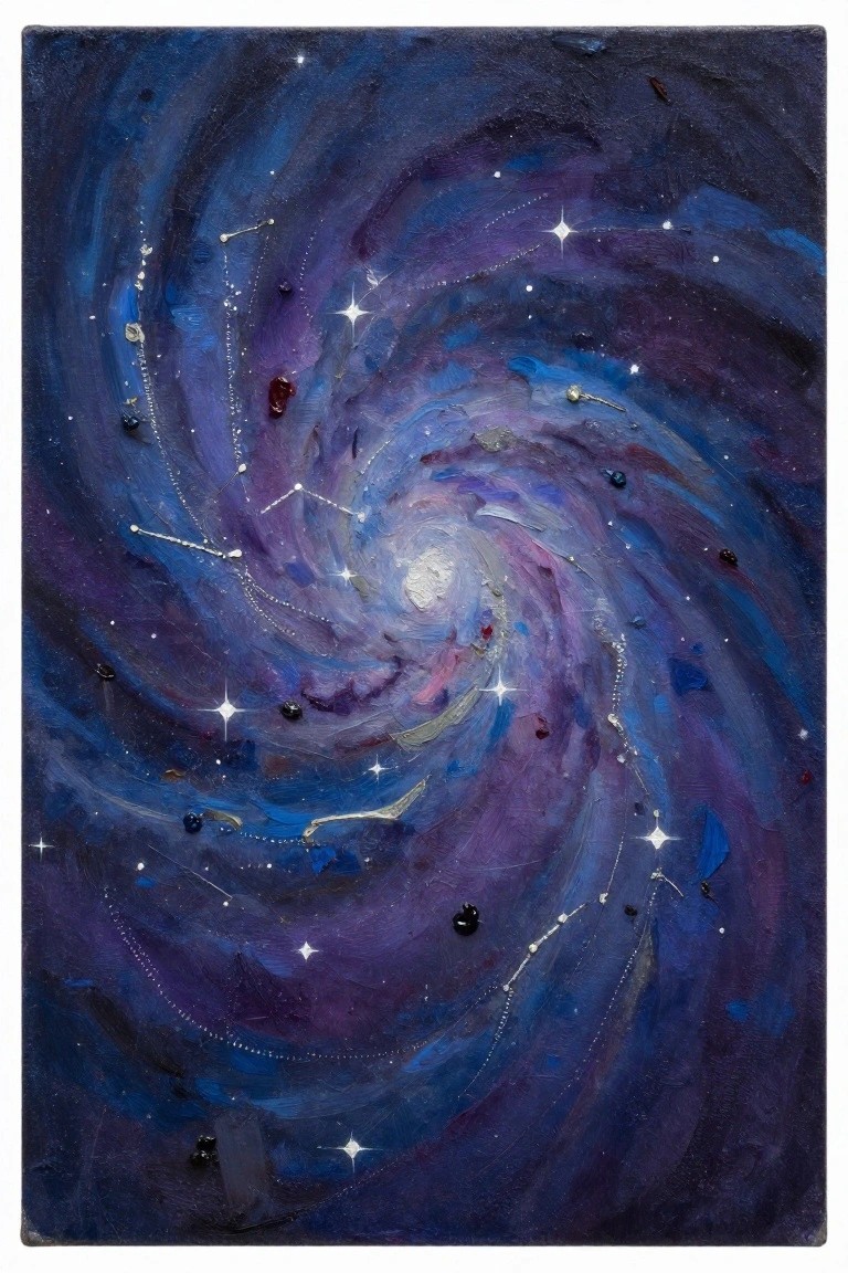 Swirling spiral galaxy in blues and purples with beaded constellations and sparkling stars