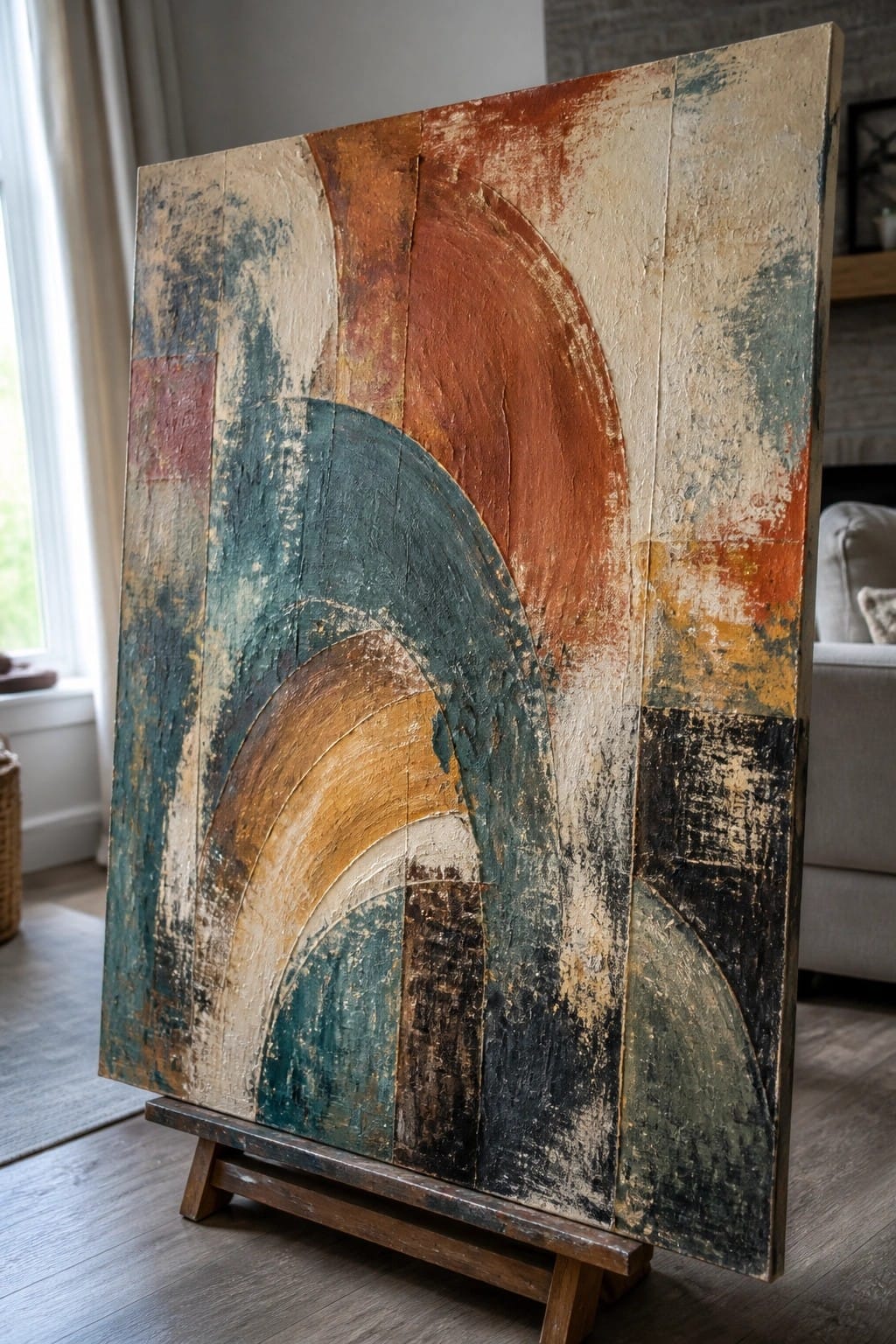 Abstract wood art with teal and orange arches on wooden stand in living room