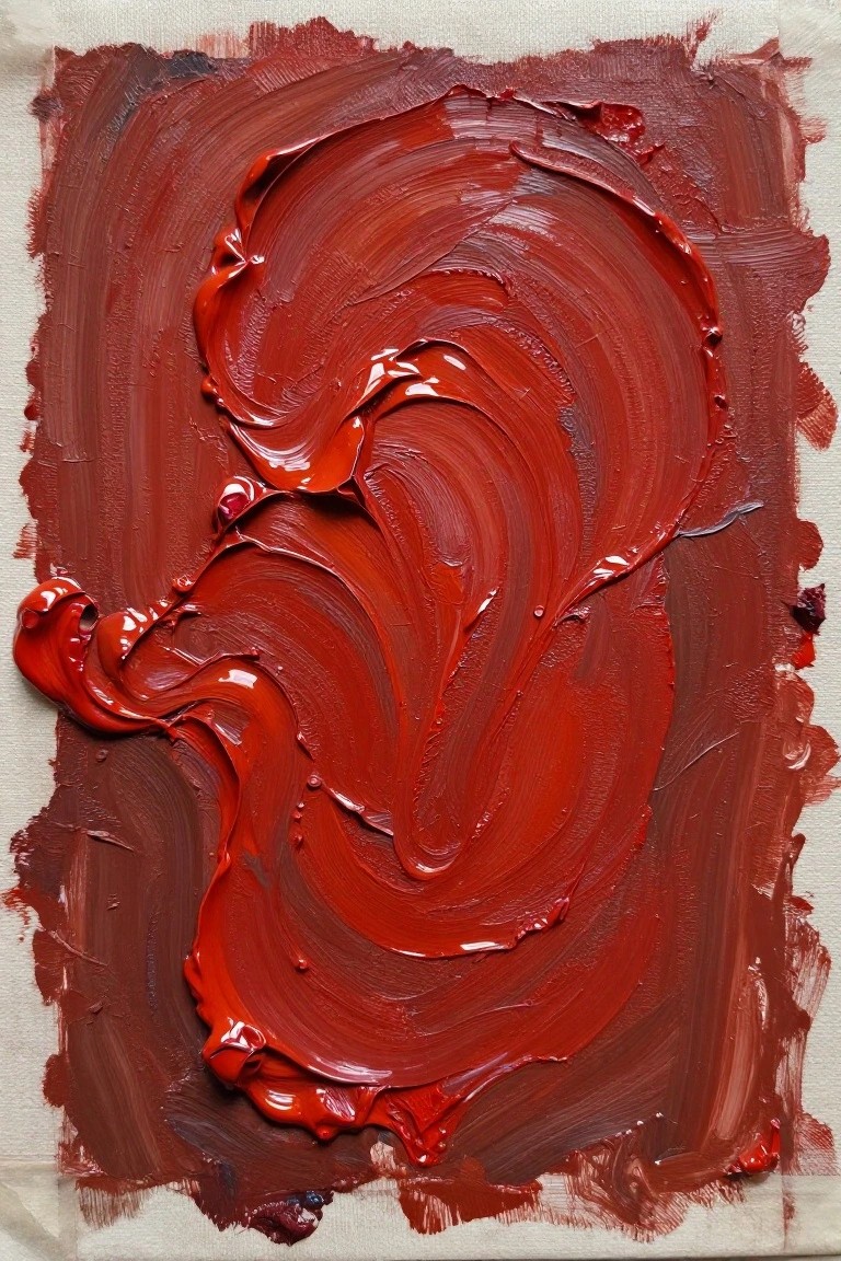 Thick glossy red paint swirled dynamically across a light canvas surface.