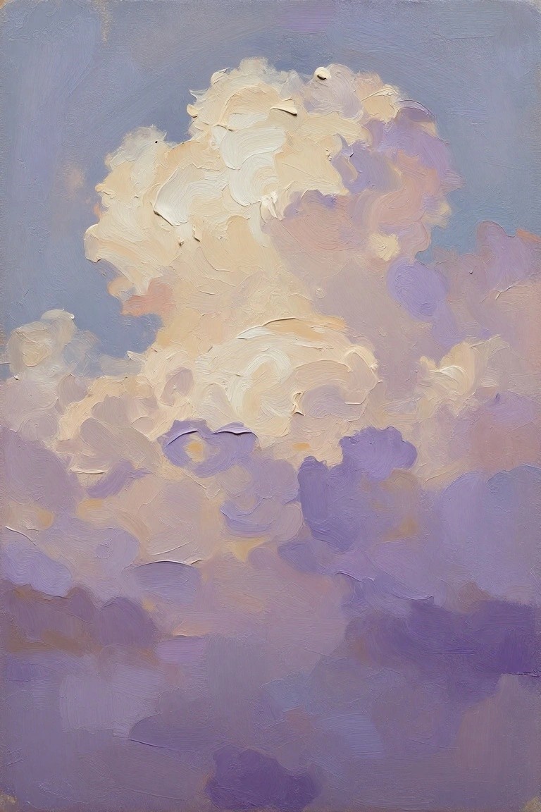 Textured oil painting of billowing clouds in cream, purple, and blue tones