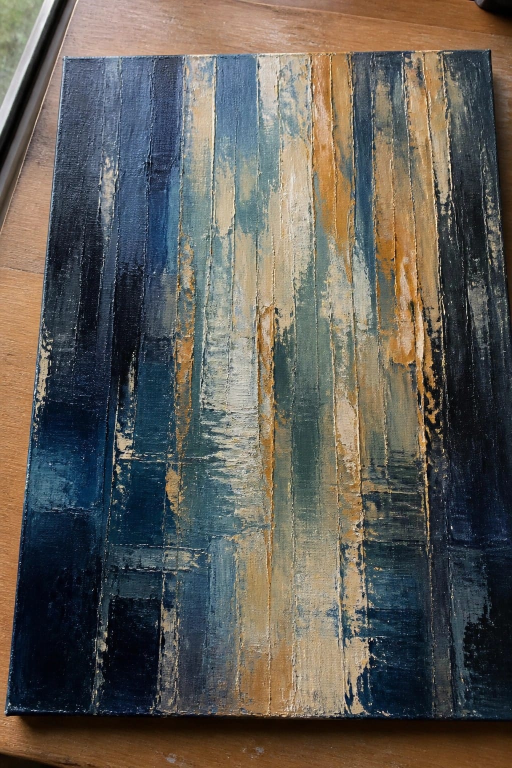 Abstract painting with textured vertical stripes in blue, teal, and gold tones