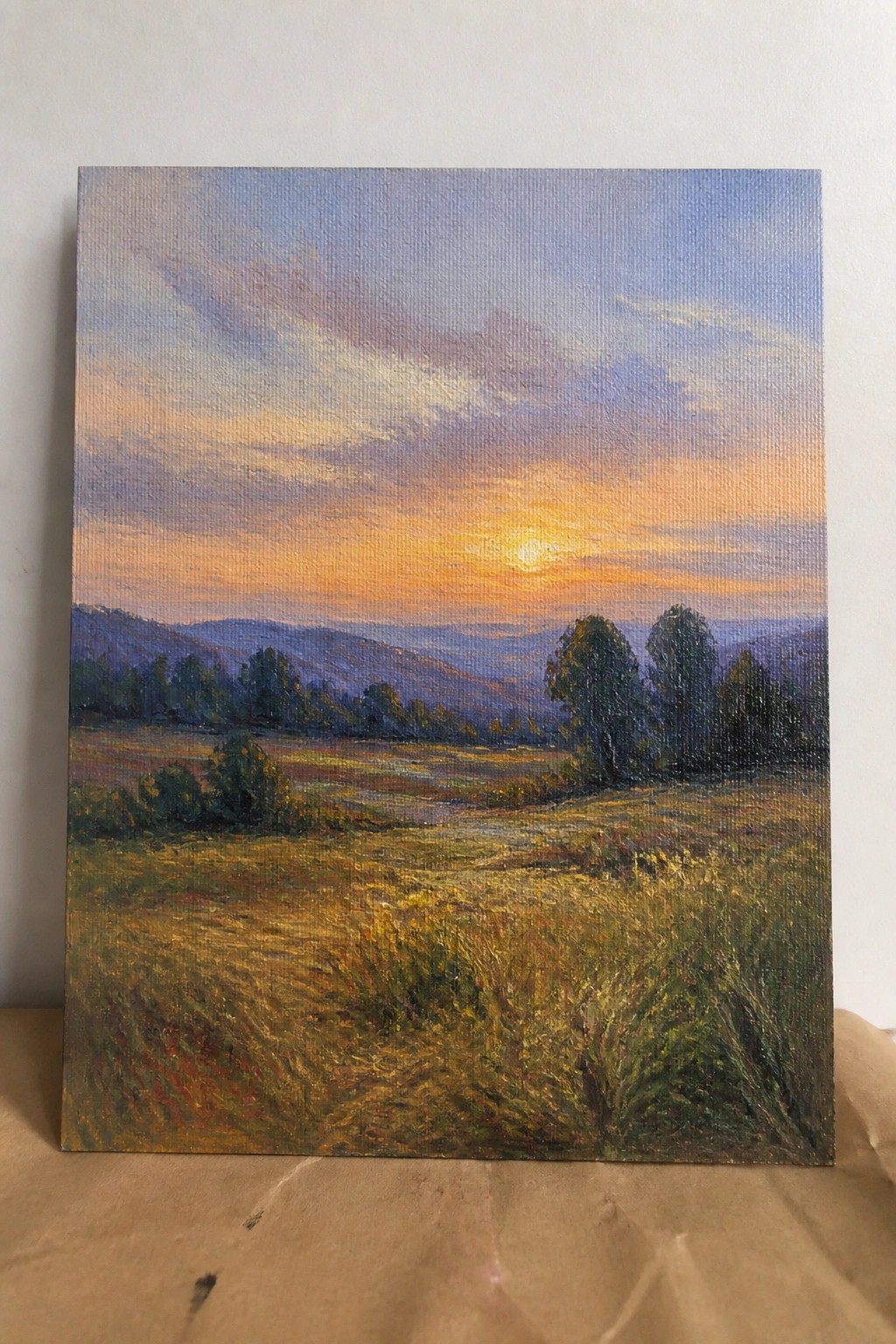 An oil painting of a sunset over a grassy field with distant hills and trees under a colorful sky.