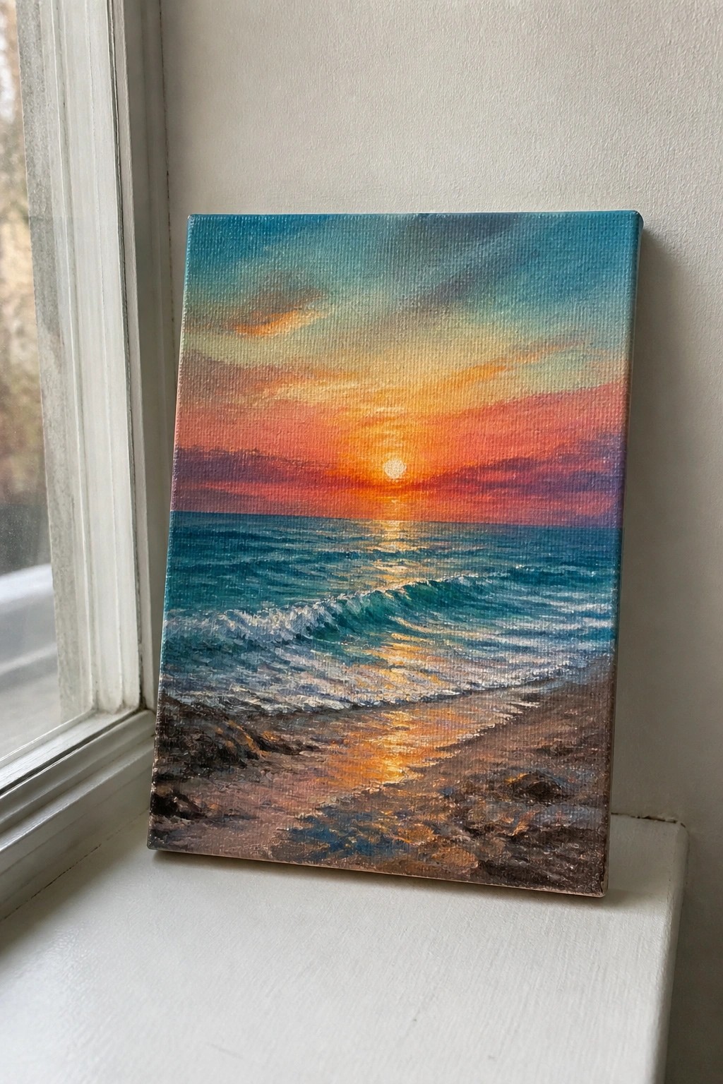 Vibrant sunset seascape painting with waves on white windowsill by window.