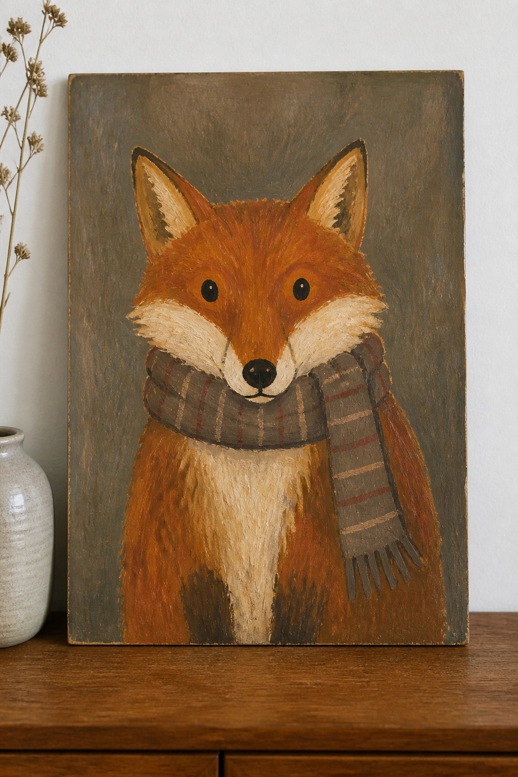 Rustic painting of orange fox in plaid scarf on wooden table beside vase