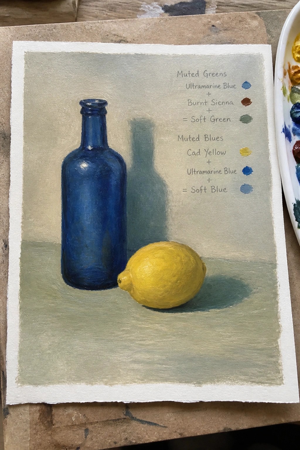Blue bottle and yellow lemon still life with muted color mixing notes