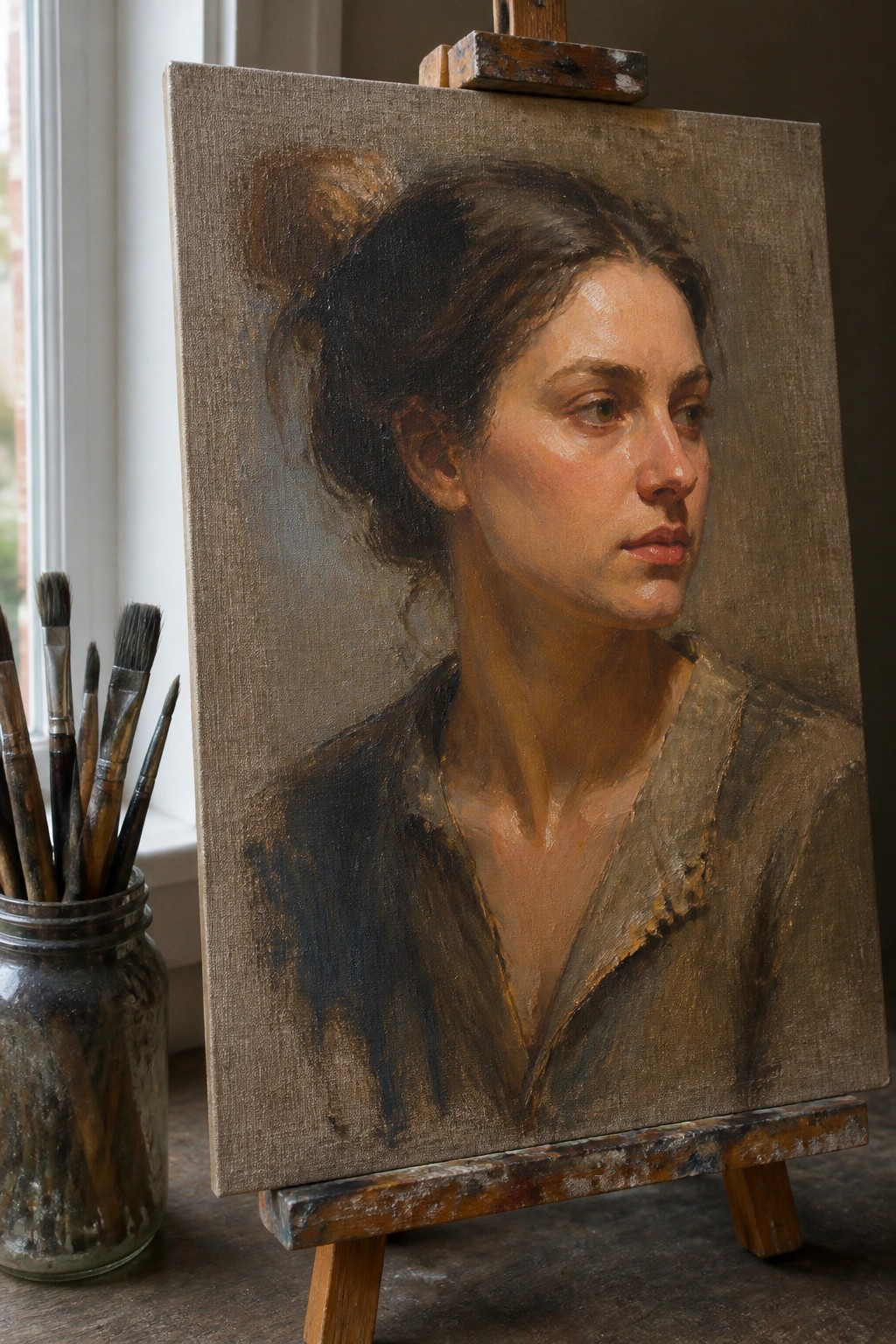 Oil painting of woman with dark hair in bun on easel beside paintbrush jar