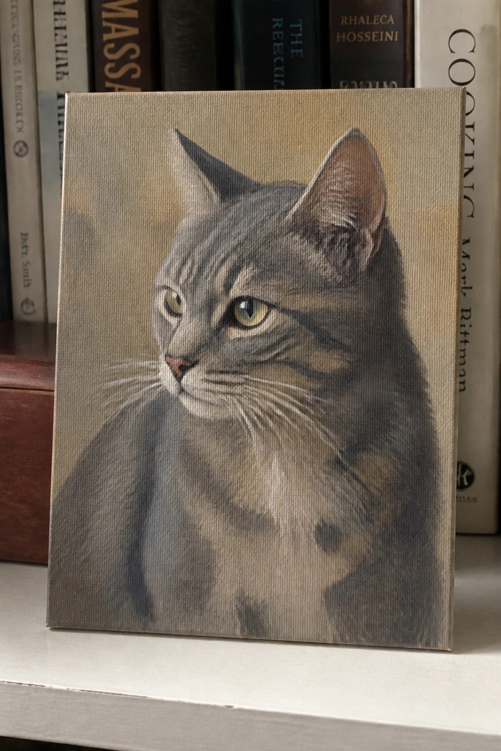 A realistic oil painting of a gray tabby cat with green eyes on a canvas, positioned in front of a bookshelf.