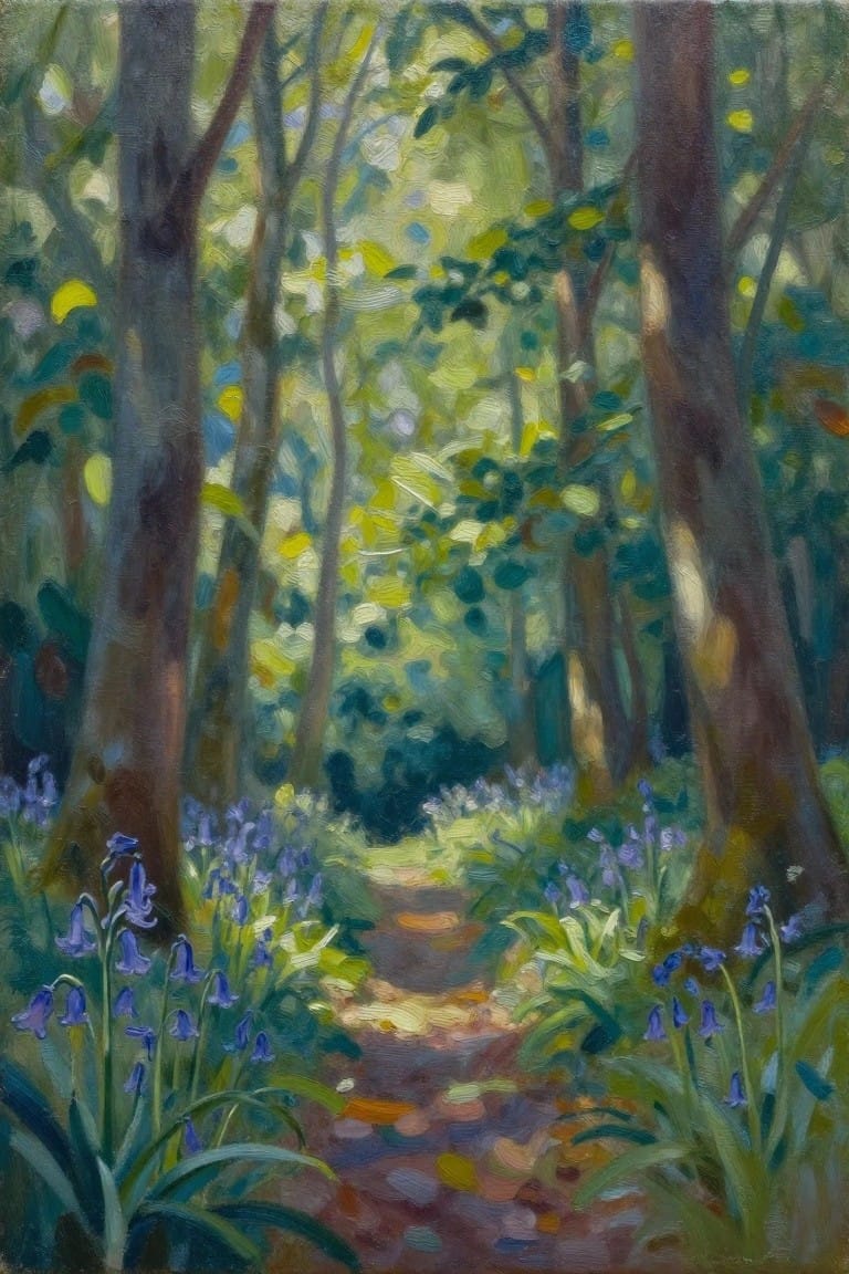 Oil painting of sunlit forest path lined with bluebells amid tall trees.