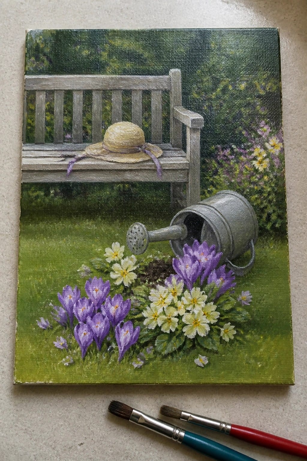 Garden bench with straw hat beside tipped watering can amid purple crocuses and white flowers, brushes below