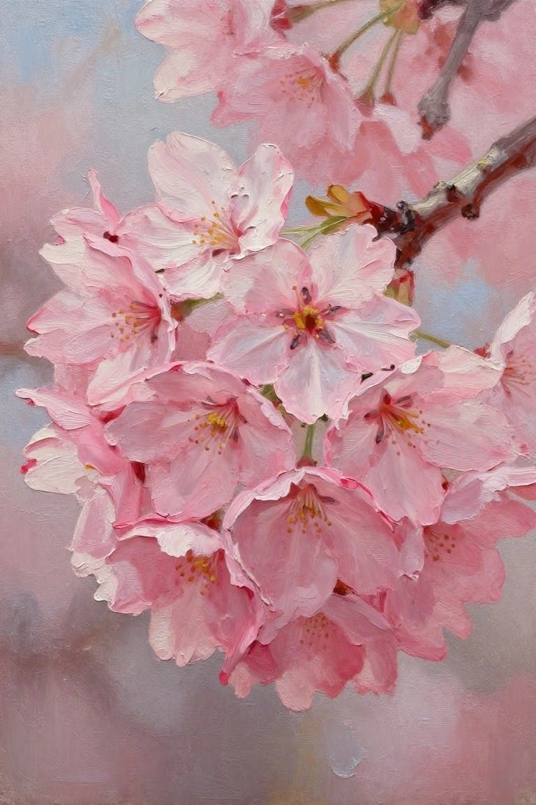 An oil painting of a dense cluster of pink cherry blossoms with layered petals and a soft muted background.