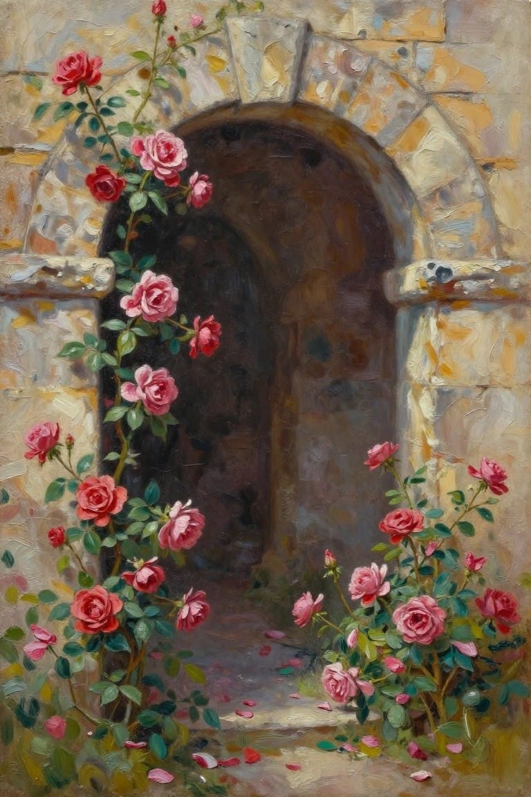Pink and red roses climb over a weathered stone archway in oil paint.