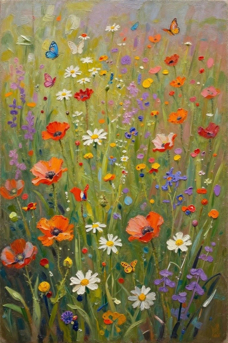 Vibrant meadow of red poppies, white daisies, and colorful butterflies in textured painting