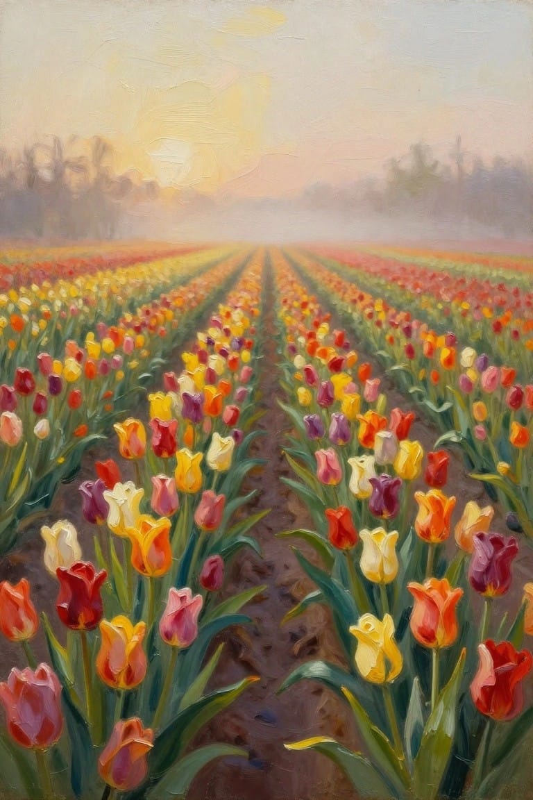 An oil painting of colorful tulip rows stretching into a misty field at sunrise.