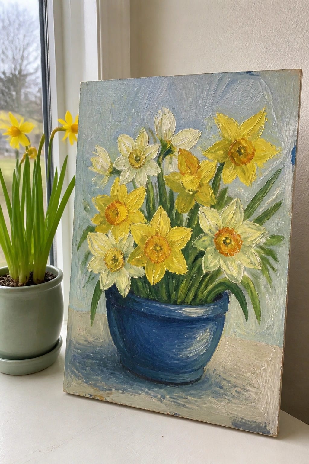 Painting of yellow daffodils in blue pot beside real potted flowers on windowsill