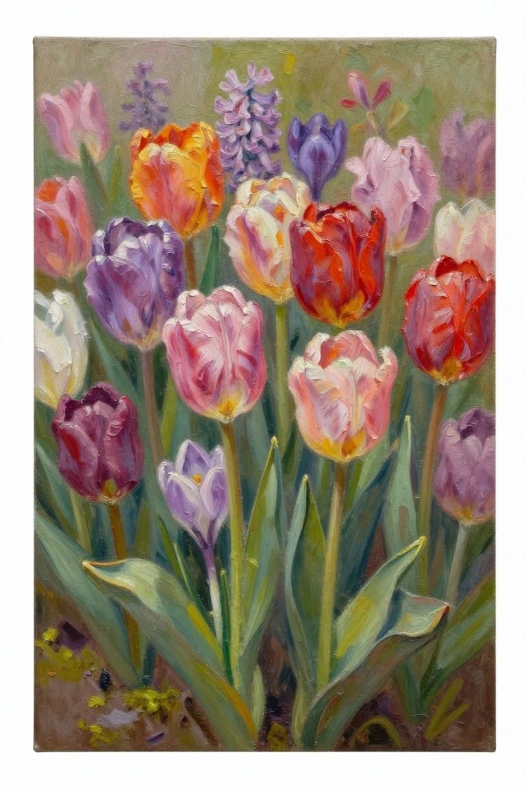 An oil painting of a dense cluster of colorful tulips, hyacinths, and other spring flowers with green leaves.