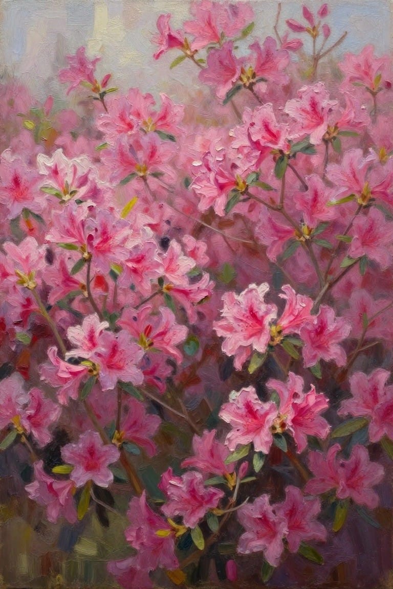 Dense cluster of vibrant pink azaleas blooming on leafy branches in oil painting style